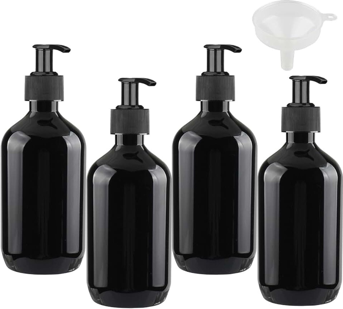 4 stuks lege 300 ml kunststof zwarte zeepsdispensers, 300ml 10 oz lotiondispenser flessen met geldispenser pompflessen om te vullen voor shampoo badkamer hotel lotion, gel met trechter