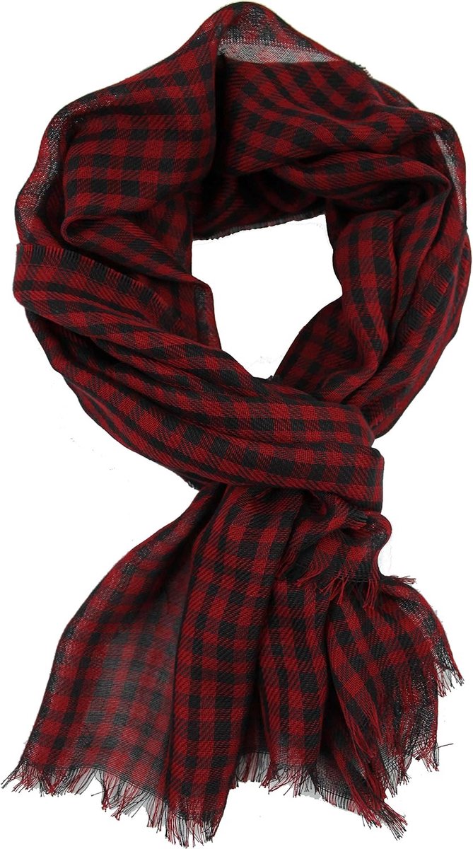 Sjaal geweven sjaal geruit modieus rood zwart 100% katoen R-574, rood/zwart, 180 x 55 cm