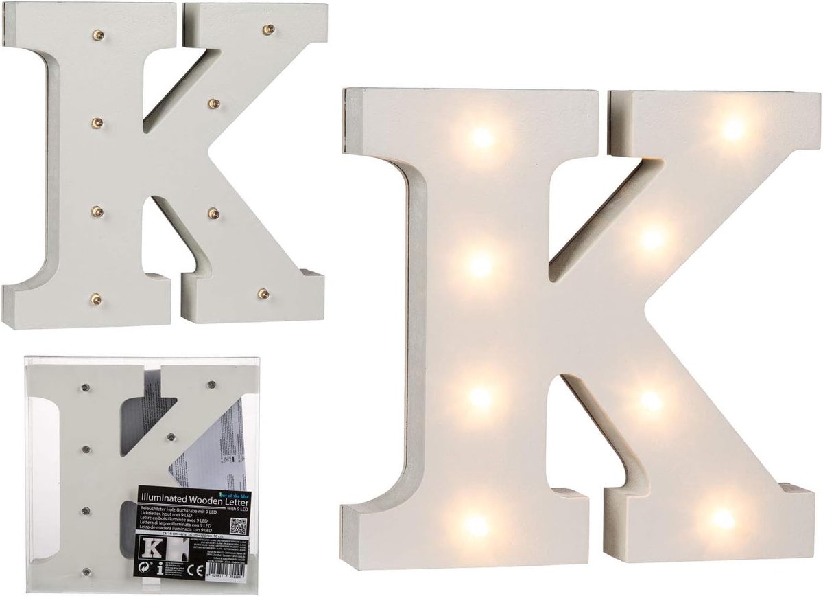 Out of the Blue 57/6084 - houten letter "K" verlicht met 8 LED-lampjes, werkt op batterijen, ca. 16 cm