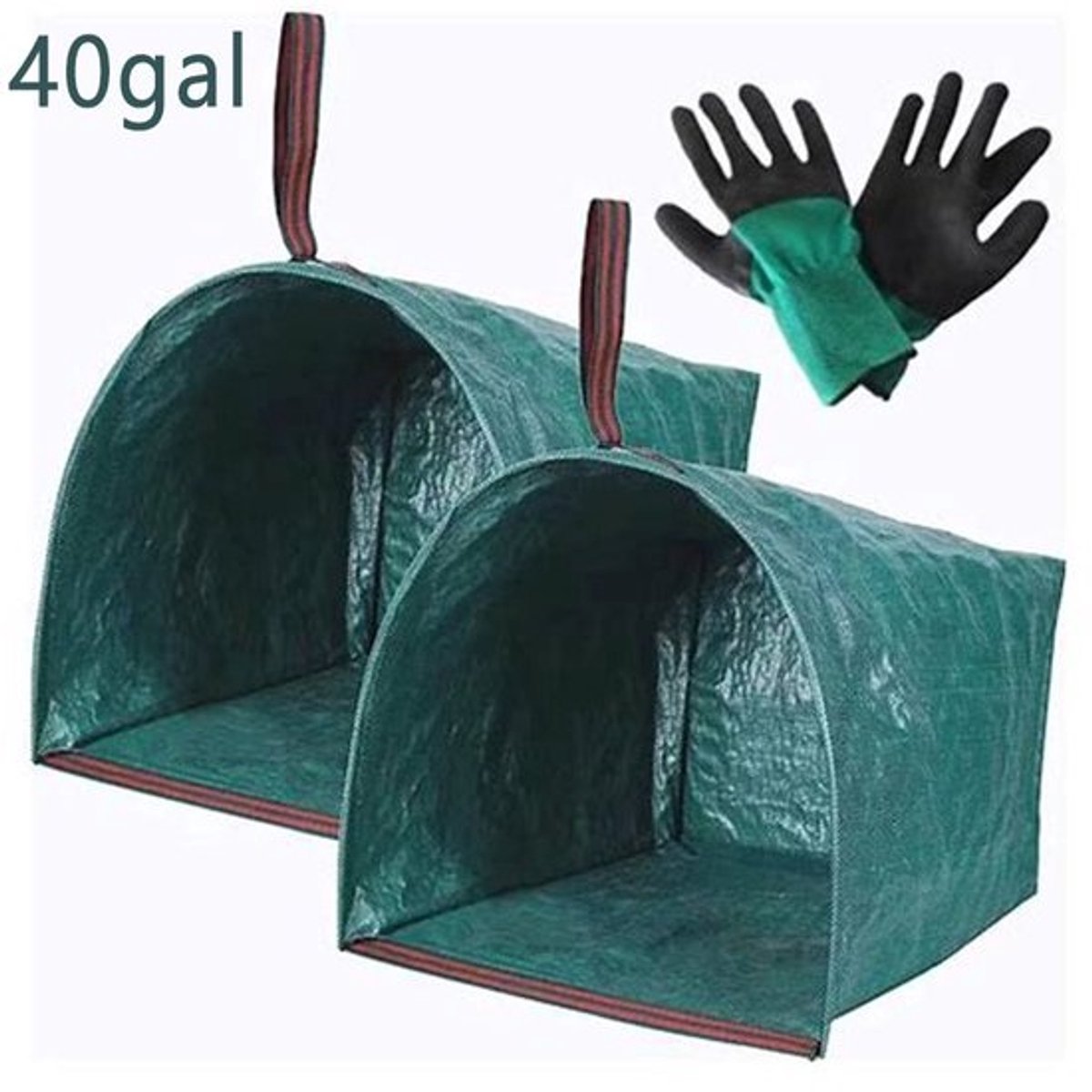 Set van 2 tuinafvalzakken van 150 liter (40 gallon) met 1 paar tuinhandschoenen - Stevige tuinafvalzakken met grote opening in stoffer-stijl | Opvouwbare- herbruikbare container voor bladeren- grasmaaisel- kamperen- feestjes en de was