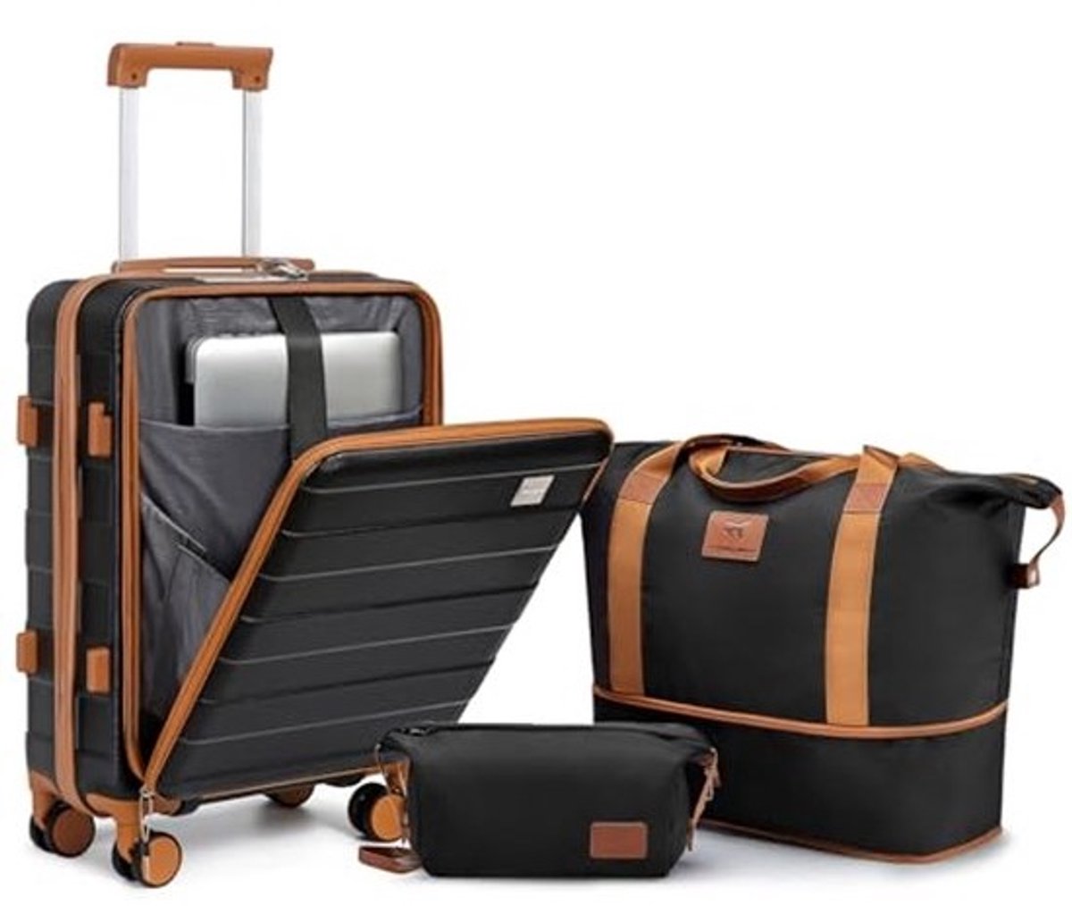 Driedelig Harde Koffer Set met 4 Wielen – Ideaal voor Reizen – Inclusief Cosmestic Case en Draagtas – Zwart