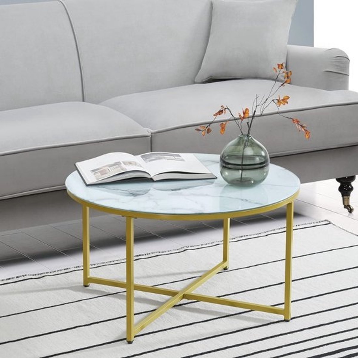 Salontafel Rond 45xØ80 cm met Marmer Look en Goudkleurige Accenten