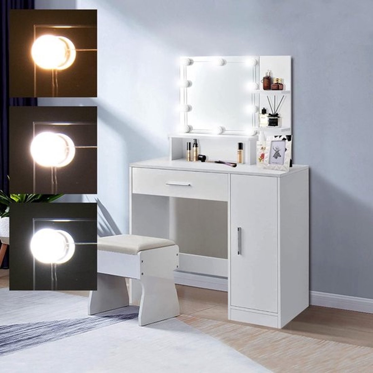 Kaptafel Wit Met LED Verlichting en Spiegel – Make-up Tafel voor Dames en Meisjes