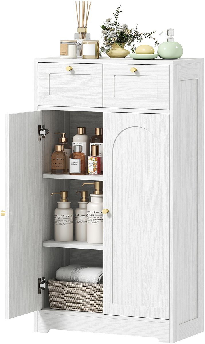Badkamerkastje met 2 lades - dubbele gebogen deuren - verstelbare planken - 60x30x108 cm - wit