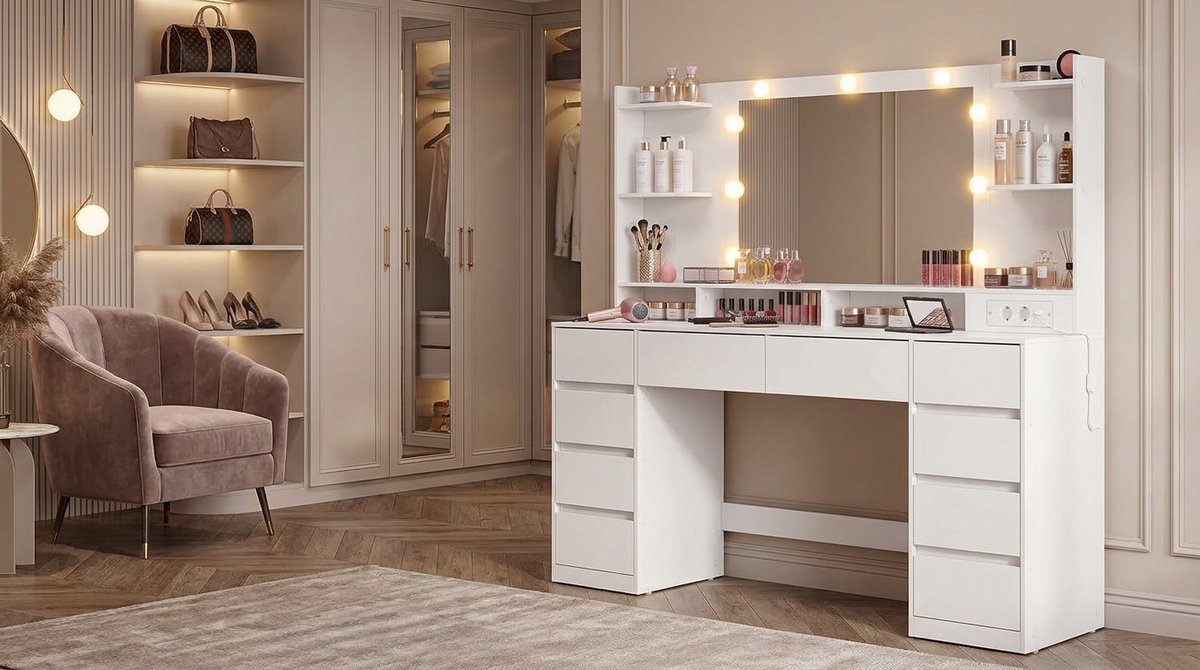 Make-uptafel met Spiegel en LED Verlichting – Medahomestore Luxe Kaptafel met 10 Laden, 8 Opbergvakken, 3 Lichtstanden, USB-A, USB-C en Stopcontacten – Wolkenwit