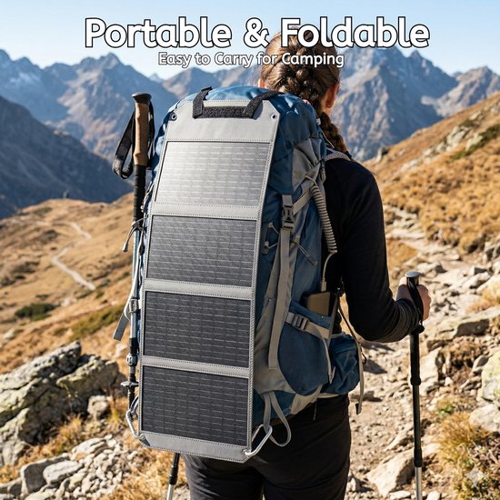 40W Vouwbaar Monokristallijn Zonnepaneel, IP67 Waterbestendig Zonneoplader met USB‑A / USB‑C / DC Uitgang, Draagbaar Zonnepaneel voor Kamperen Wandelen Reizen Noodvoeding — afbeelding 2