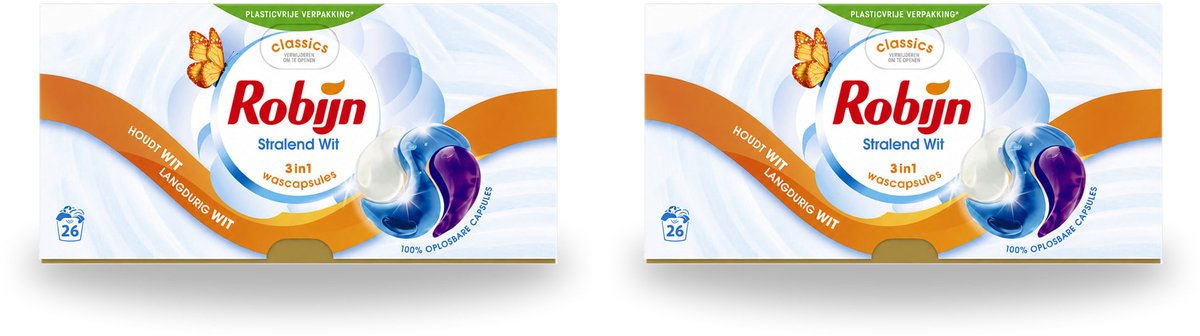 2 x Robijn – 3-in-1 Wascapsules – Stralend Wit - 26 Capsules - Bulkverpakking - 2 stuks