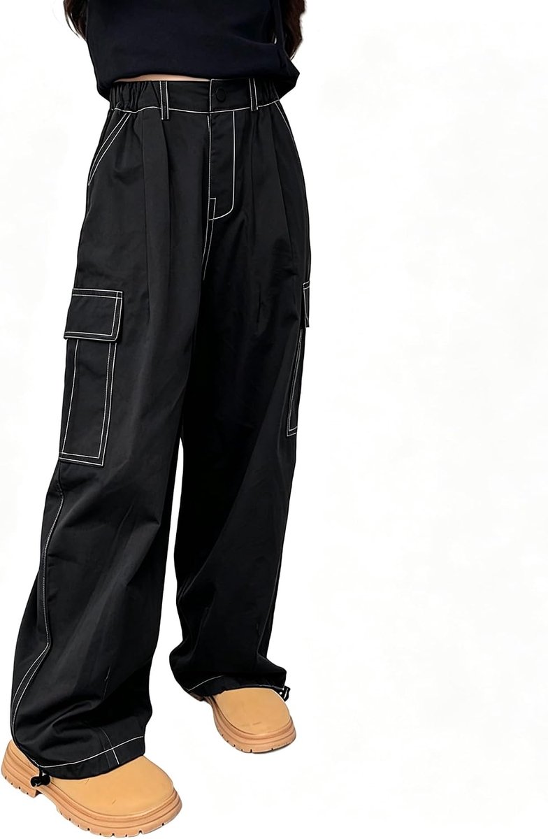 Cargobroek voor meisjes, katoenen baggy broek met elastische taille en meerdere zakken, voor kinderen van 6 tot 15 jaar