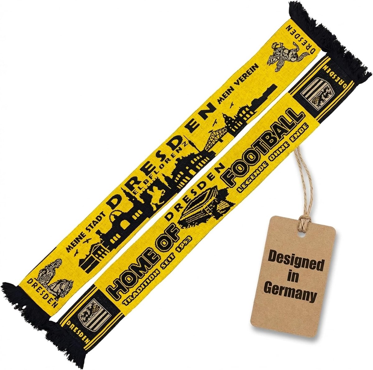 Dresden gebreide sjaal fanartikel - met skyline motief - 145 x 18 cm in zwart-geel