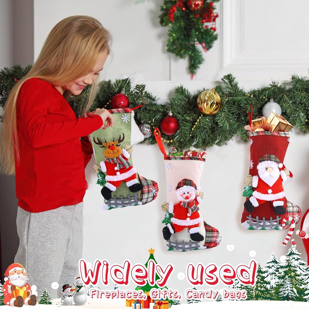 3 stuks kerstkous om op te hangen, lege kerstkousen, lege kleine / grote sokken, kerstdecoratie voor open haarden, trappen, kerstbomen (MB)