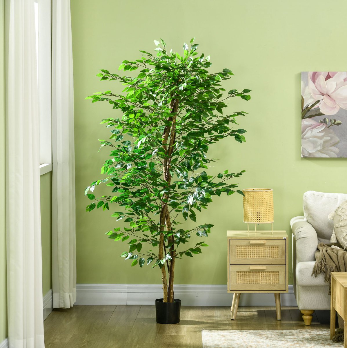 OKWISH Kunstplant Realistische Ficusboom 180 cm Kunststof Groen met Pot voor Binnen en Buiten 1260 Bladeren Eenvoudig te Monteren Woonkamer en Kantoor