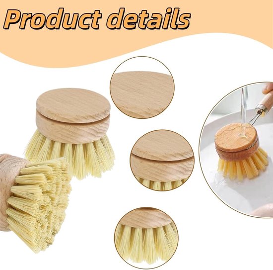 Afwasborstel, 2 stuks afwasborstel Sisal borstelharen, bamboe natuurlijke schrobborstel, vervangende borstels, voor keuken, camping, reiniging of elke pot wassen — afbeelding 3