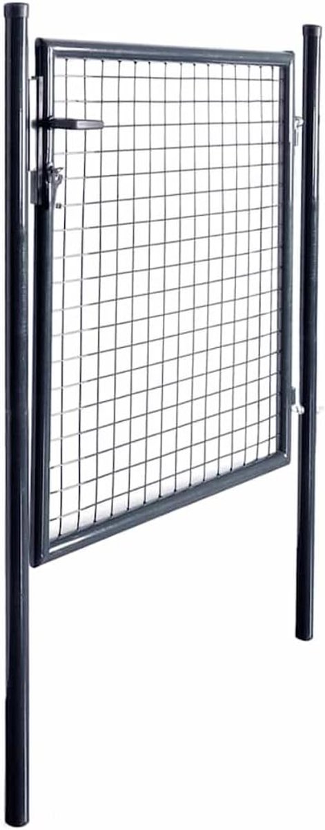 Tuinpoort van verzinkt gaas 100x100 cm van staal, gepoedercoat grijs, inclusief twee palen met boutscharnieren en drie sleutels