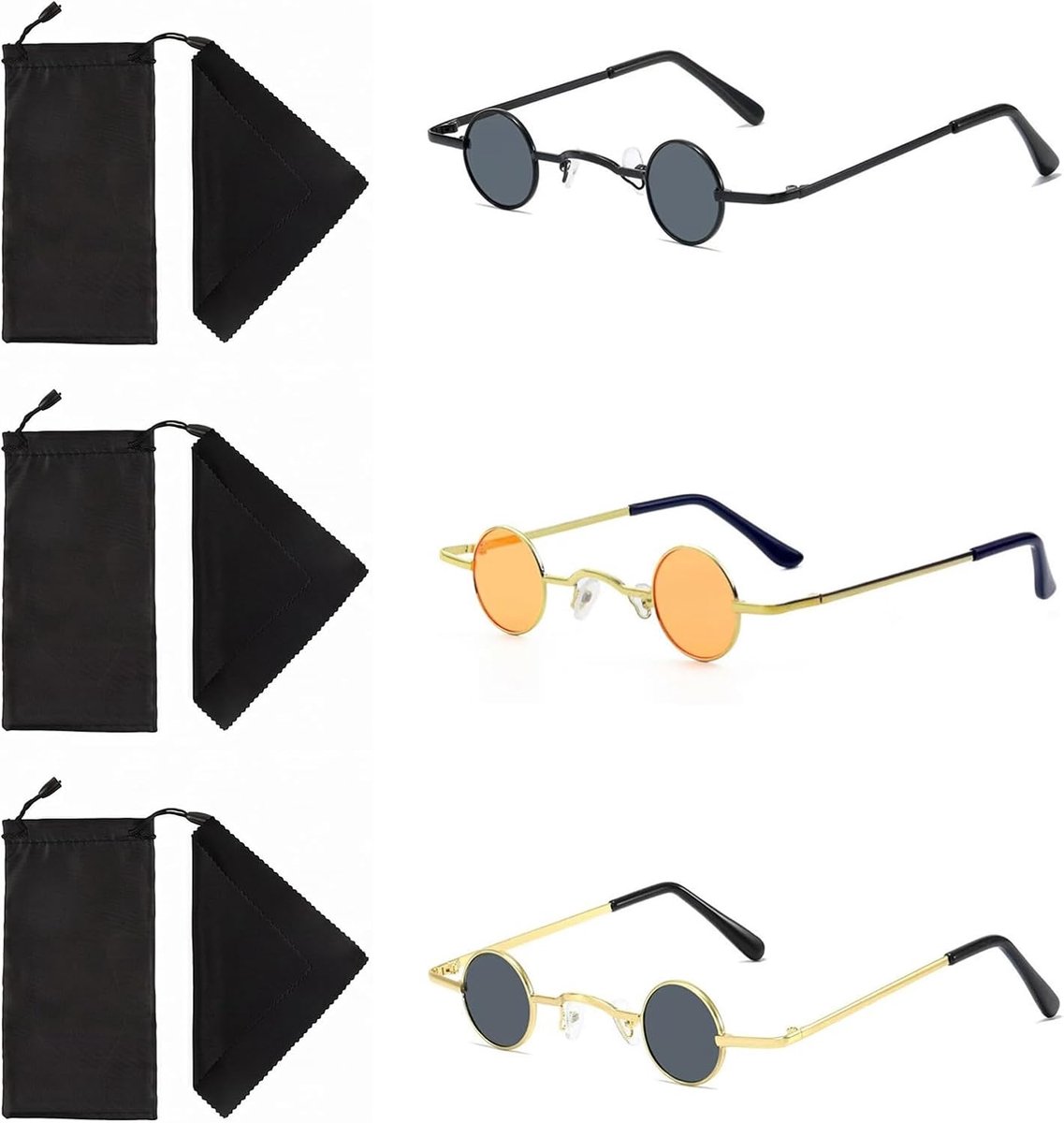 Zonnebrillen vintage heren dames kleine hiphop retro zonnebril met UV400-bescherming, set 6 stuks met hoesjes en microvezeldoeken voor party, streetwear en cosplay