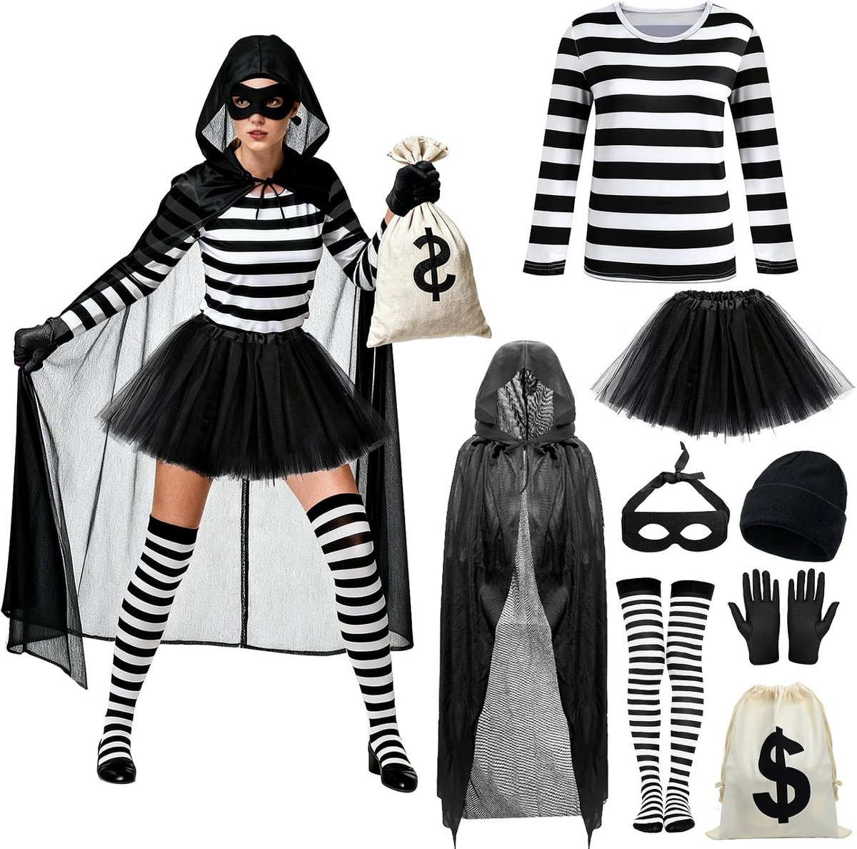 Diefkostuum voor dames, 8 stuks, bankroverskostuum, vrouwenset (met cape, hoed, masker, overhemd, rok..), voor carnaval, Halloween