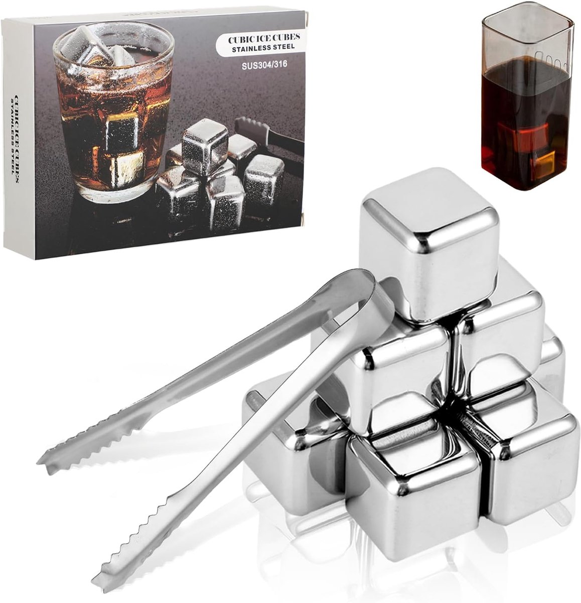 8 stuks ijsblokjes van roestvrij staal, herbruikbare ijsblokjes, 304 roestvrij stalen whiskystenen met tang, ideaal cadeau voor mannen, perfect voor cocktails, wijn en meer