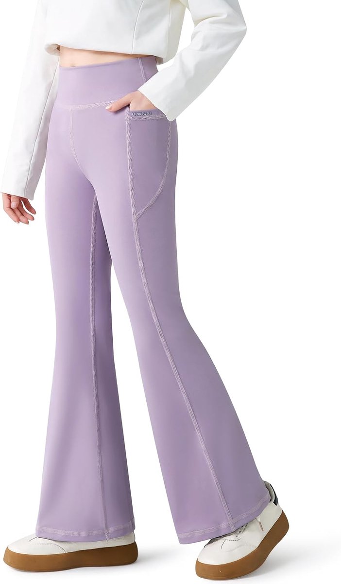 Meisjeslegging met 2 zakken, flared yogabroek, elastische sportbroek, ademende sportbroek met hoge taille, sportlegging, sportkleding voor kinderen van 7-15 jaar