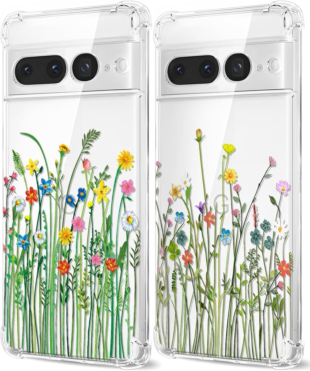 2 Stuks Hoesje voor Google Pixel 7 Pro, Transparante Telefoonhoes met Patroon Bloemen Case Schokbestendig Esthetisch Vrouwen Meisjes Zacht Siliconen Helder TPU Beschermhoes voor Google