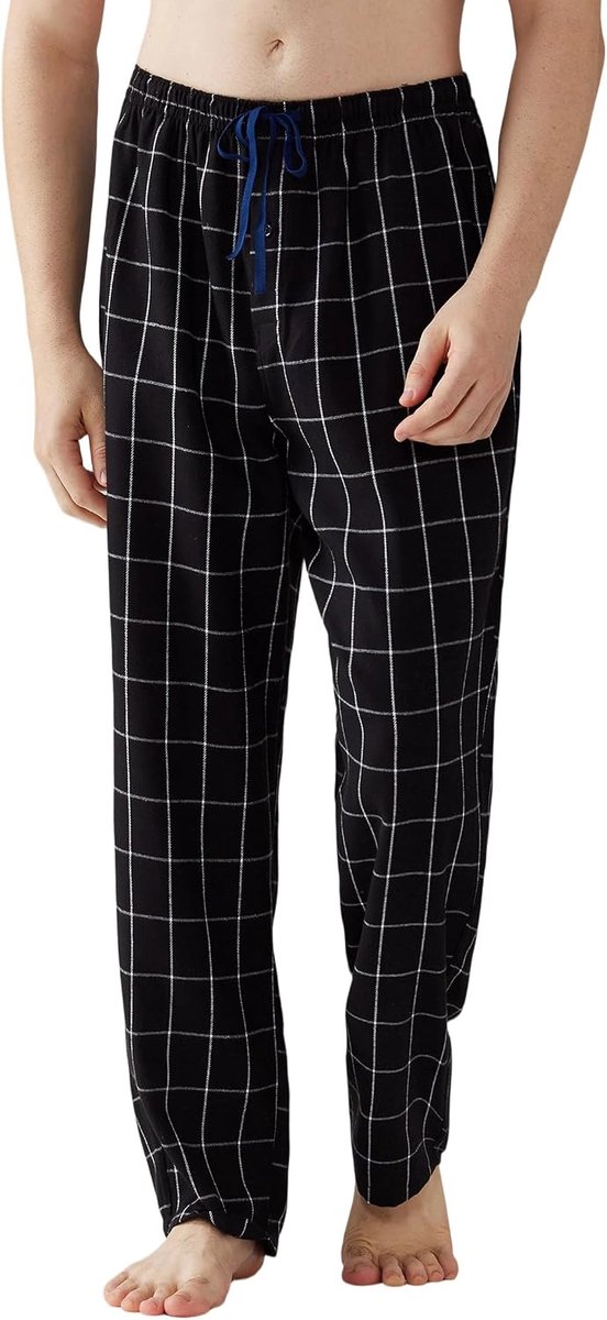 Pyjama voor heren, flanel, katoen, geruite slaap- en loungebroek, pyjamabroek met zakken en knoopgulp