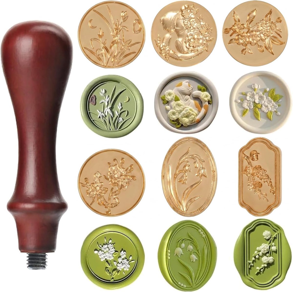 Zegelwasstempel met winterbloemen, 6 verwisselbare legering koppen met handvat van massief hout, ideaal voor bruiloftsuitnodigingen, enveloppen en scrapbooking, creatief cadeau