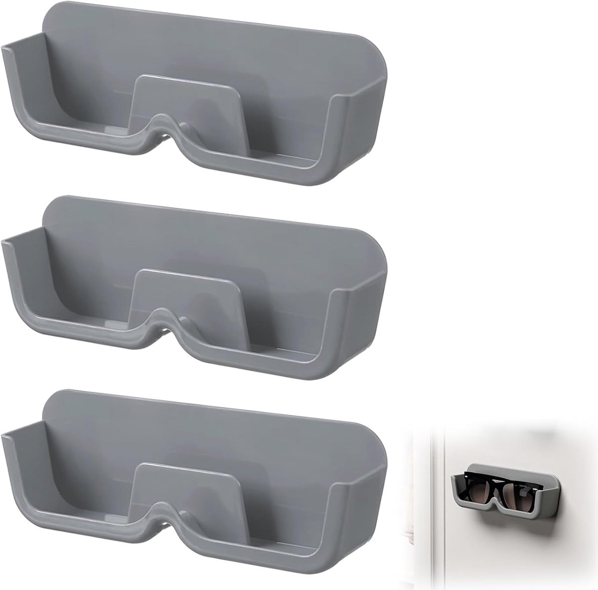 Brillenhouder Set van 3, Grijze Wandgemonteerde Brilhouder van Hard Plastic, Compacte Brillen Opbergbox voor Auto, Slaapkamer en Badkamer