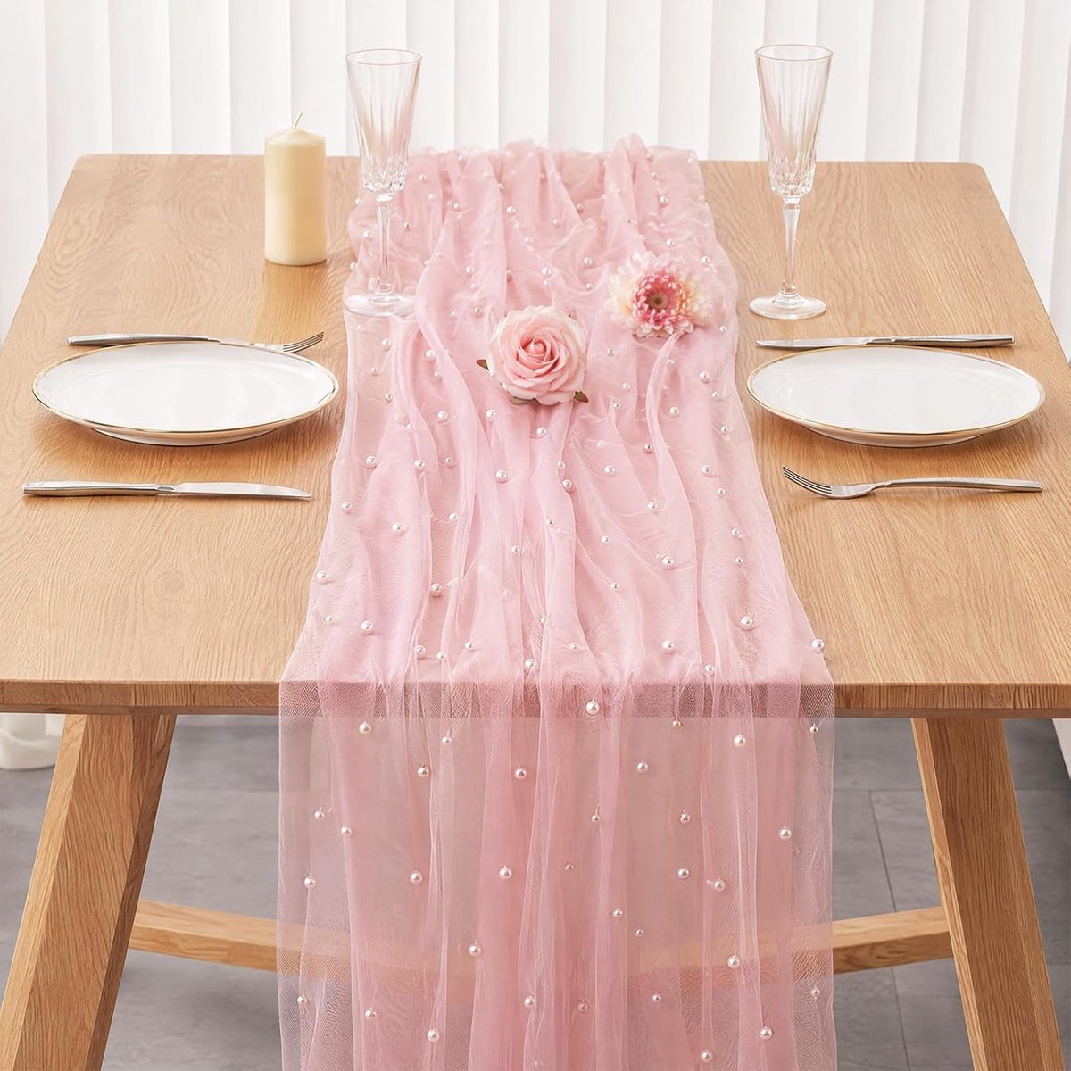 Tafelloper roze tule met parels, 75 x 300 cm party tafelkleed roze