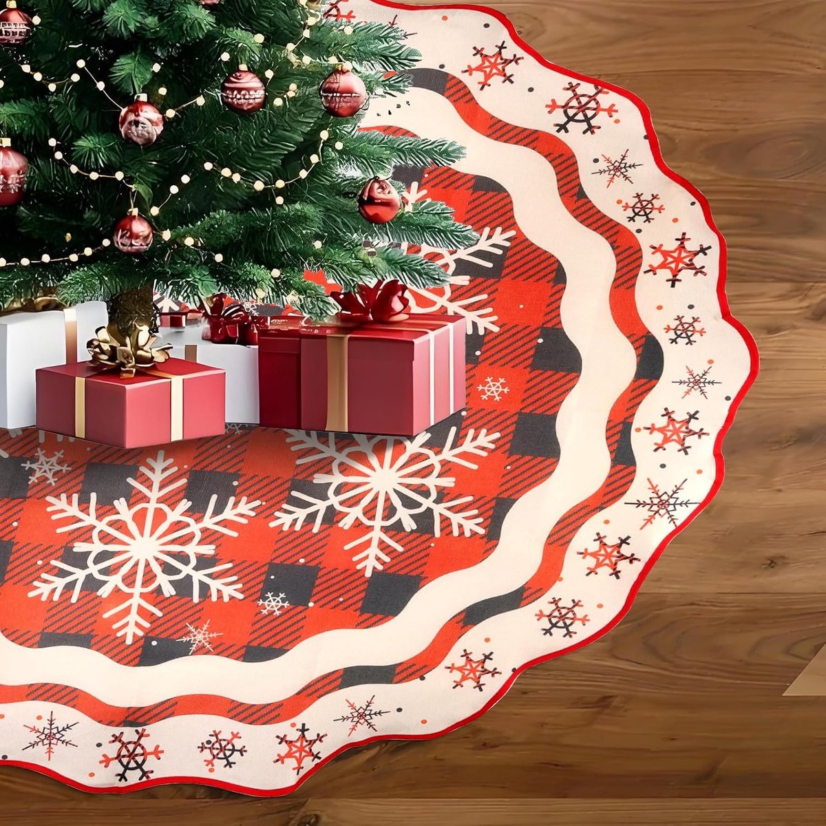 Rok 90cm/120cm,Kerstboomrok Golvende randen,Kerstboom MatRood geruit sneeuwvlokpatroon,Kerstvakantie huisfeestdecoraties (Large-120cm)