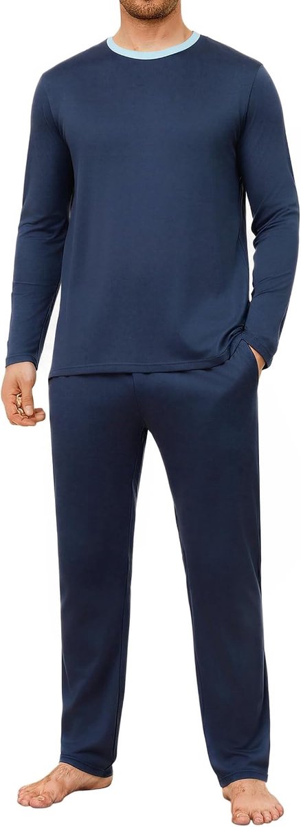 Pyjama voor heren, lange effen pyjama met ronde hals, lange mouwen, katoen, pyjama's, warm, tweedelig, nachtkleding, loungewear winter