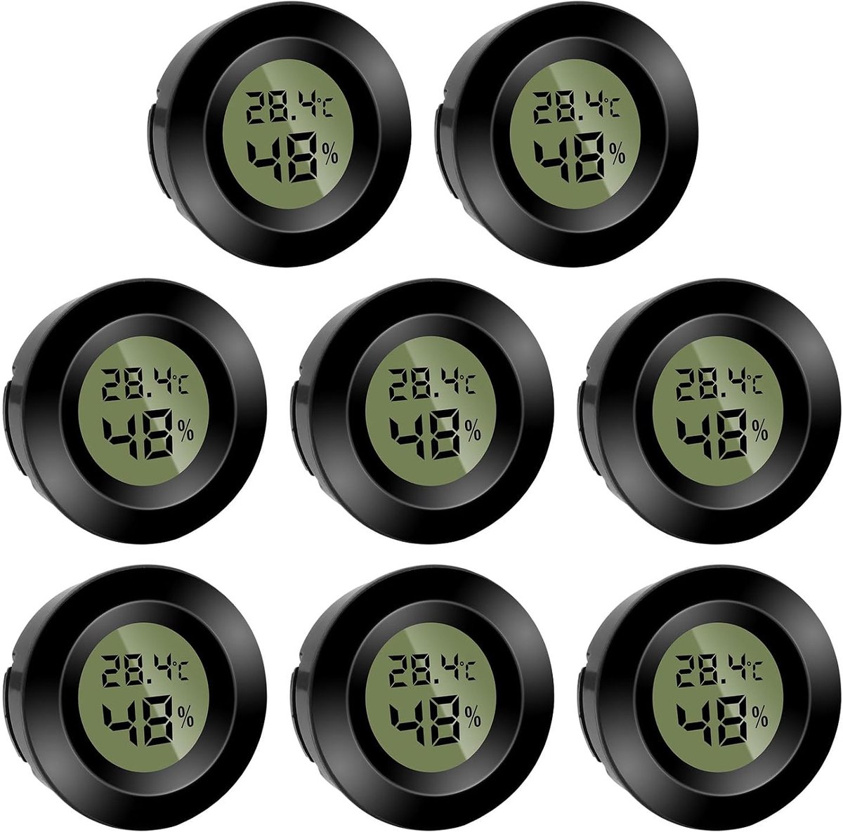 Digitale hygrometer thermometer, set van 8 ronde luchtvochtigheids- en temperatuurmeters voor binnen, met LCD-display en batterijen, zwart