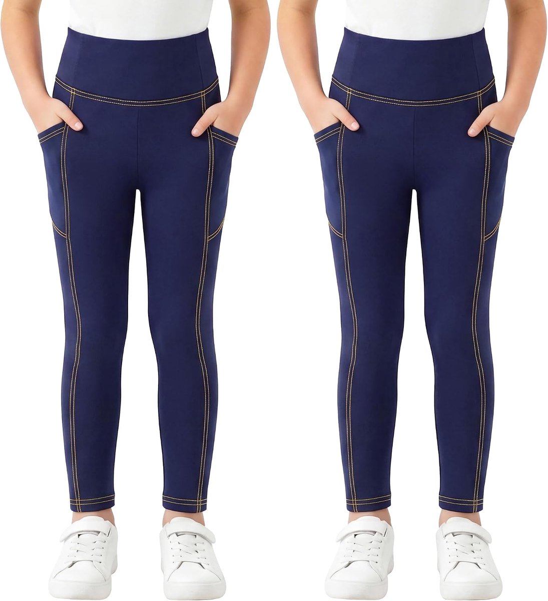 Leggings Voor Meisjes 2-Pack Jeanslook Stretchbroek Met Zakken Lange Denim-Effect Legging Elastisch Jeggings Hoge Taille Voor Dagelijks Gebruik School En Buiten Voor Kinderen Maten 116-164