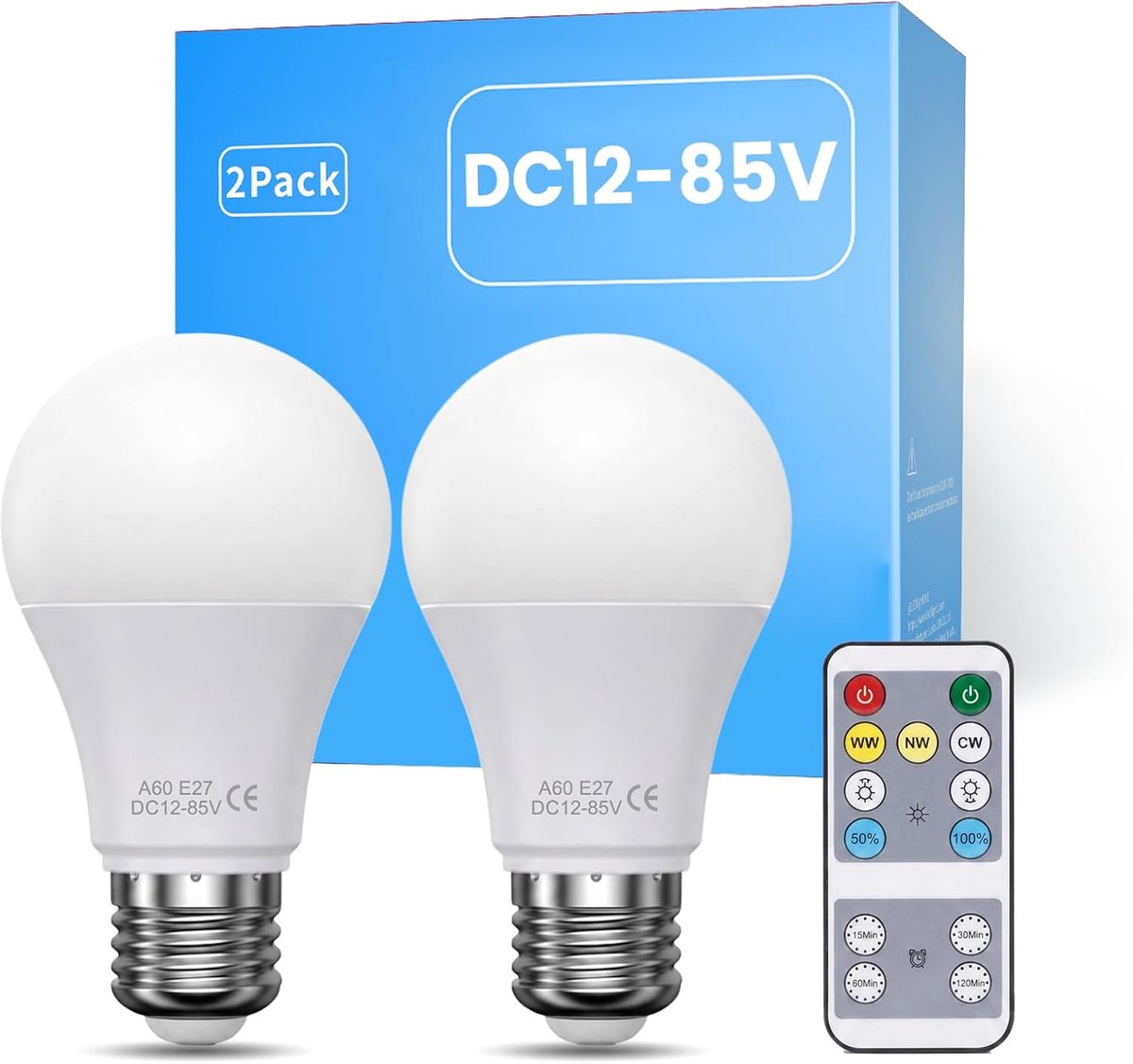 Ledlampen E27 met Afstandsbediening 8W 500LM, 2-Pack