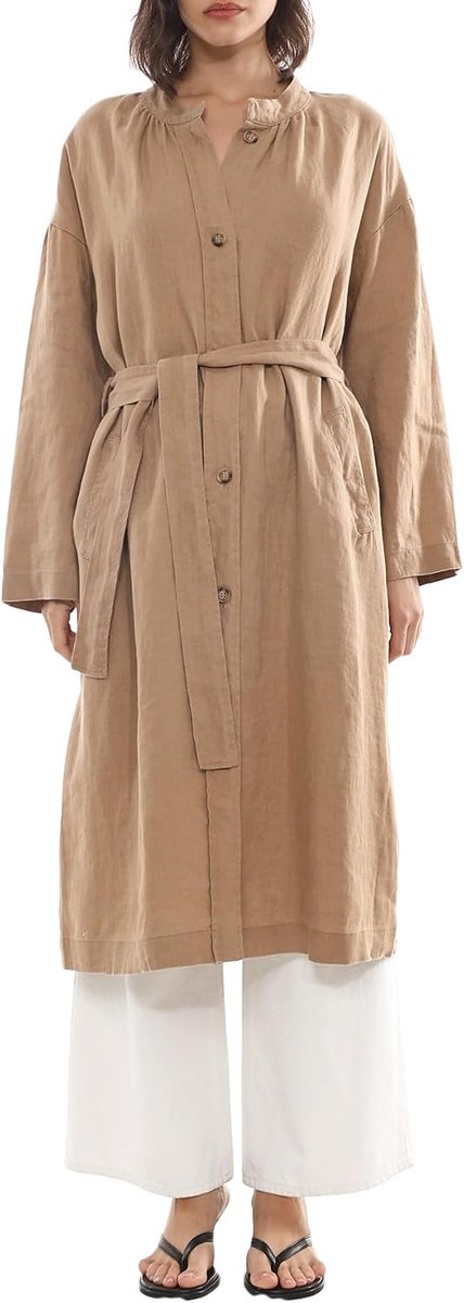 Linnen trenchcoat voor dames, lang, licht, elegant, lente, herfst, met riem en zakken
