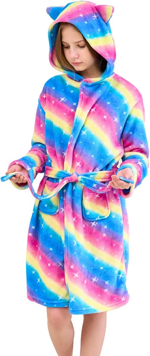 Badjas voor Meisjes Zachte Fleece Ochtendjas met Capuchon en Kattenoren