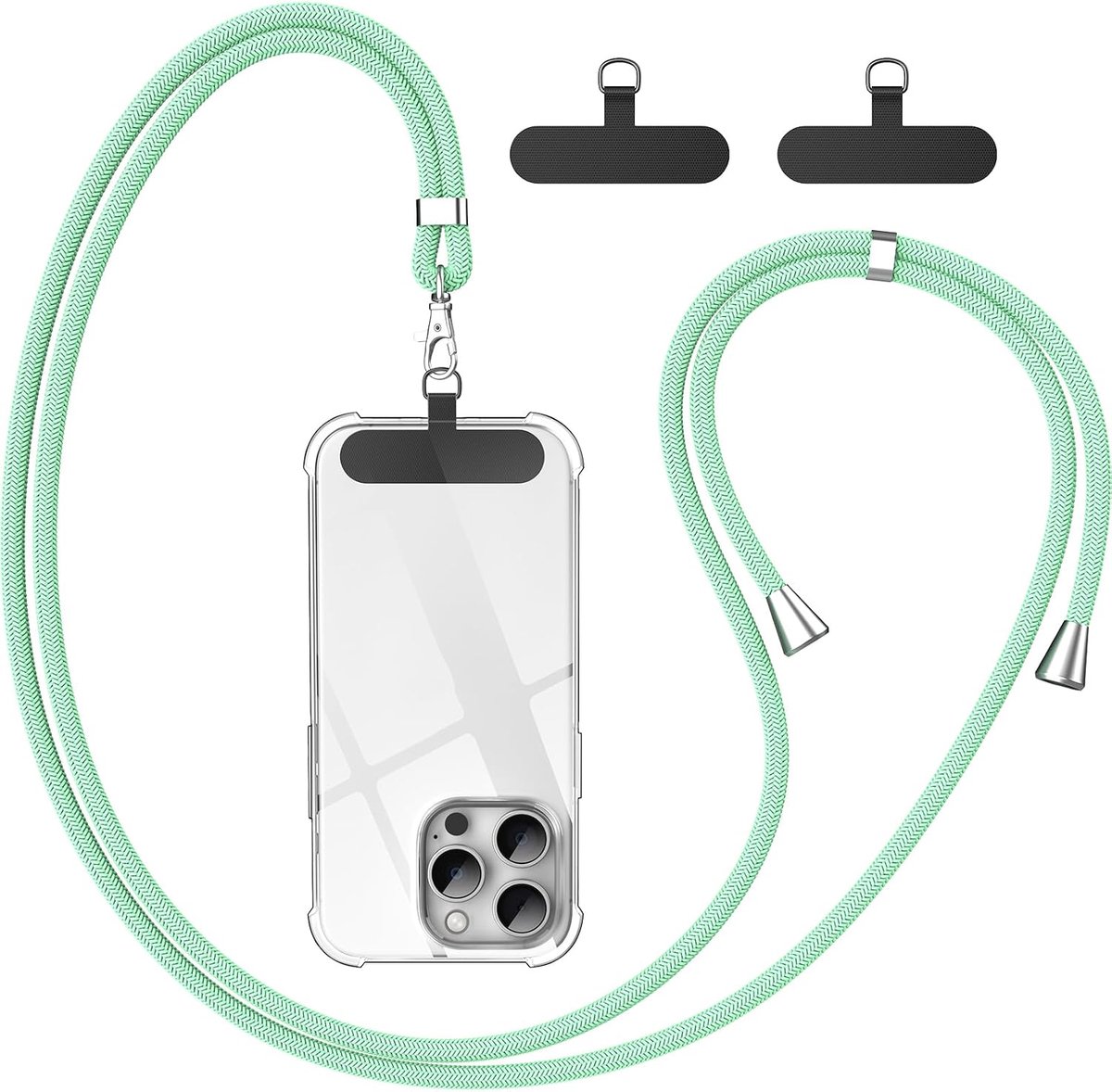 Caslord telefoonkoord*1, universele patch*2, geschikt voor alle smartphones, telefoonkoord past bij elk hoesje, verstelbaar en afneembaar, Mintgroen