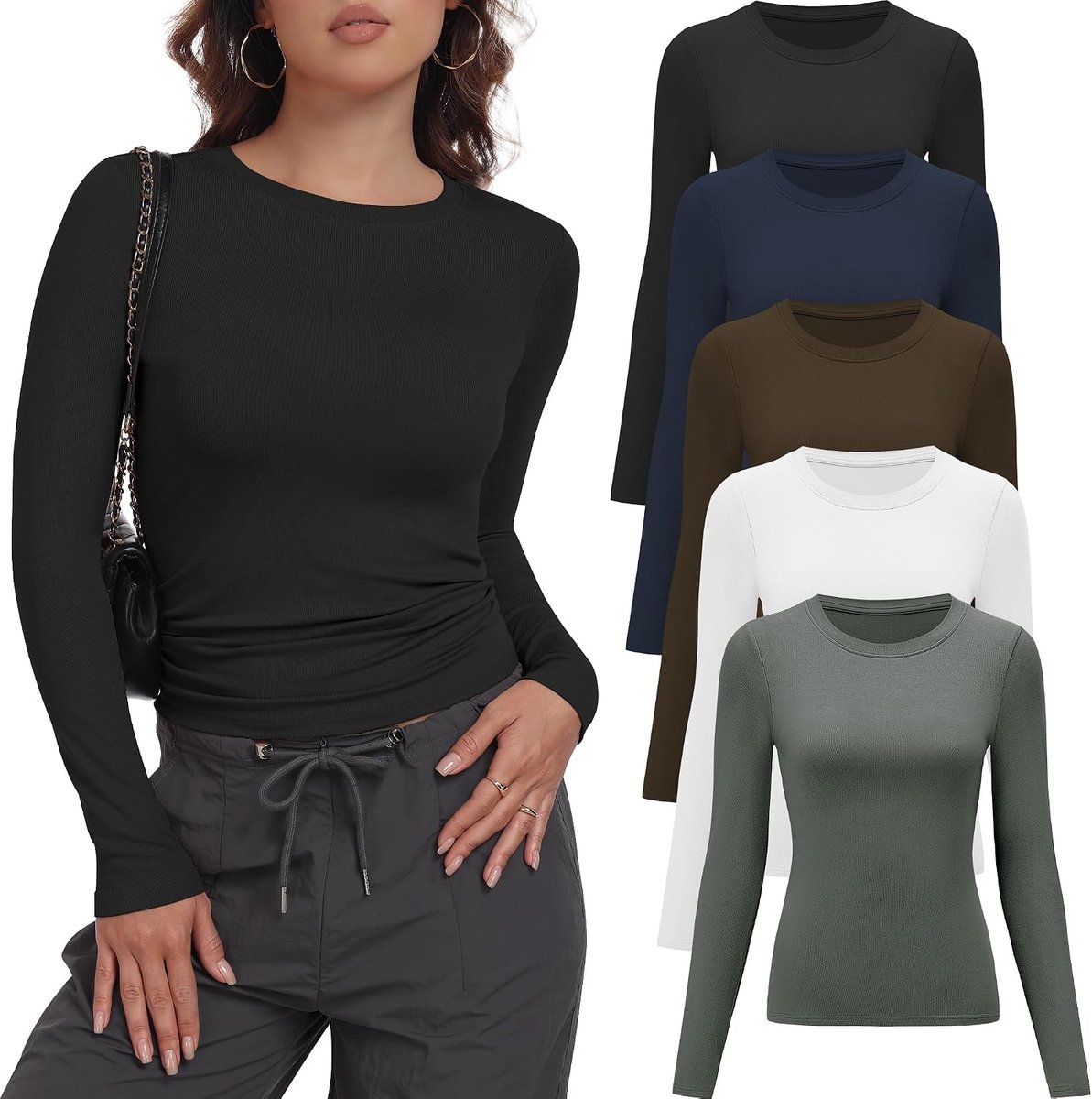 T-shirt met lange mouwen voor dames, ronde hals, basic, slimfit, Y2K, top, casual, rekbaar, longsleeve