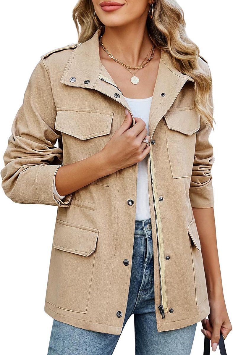 Militaire jas voor dames, katoen, licht, lente, herfst, overgangsjas, casual, hoge taille, trekkoord, parka met zakken (blauw, XXL)
