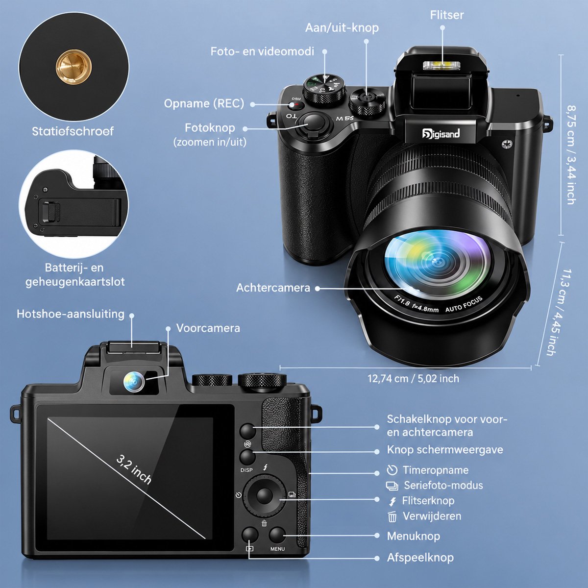 Digisand Digitale Camera 8K met WiFi– 88MP – Dubbele Lens Fotocamera – 3.2" IPS Touchscreen – Compact Camera met 16x Digitale Zoom – Vlog Camera vor Autofocus – EIS – Inclusief 128GB SD Kaart thumbnail 4