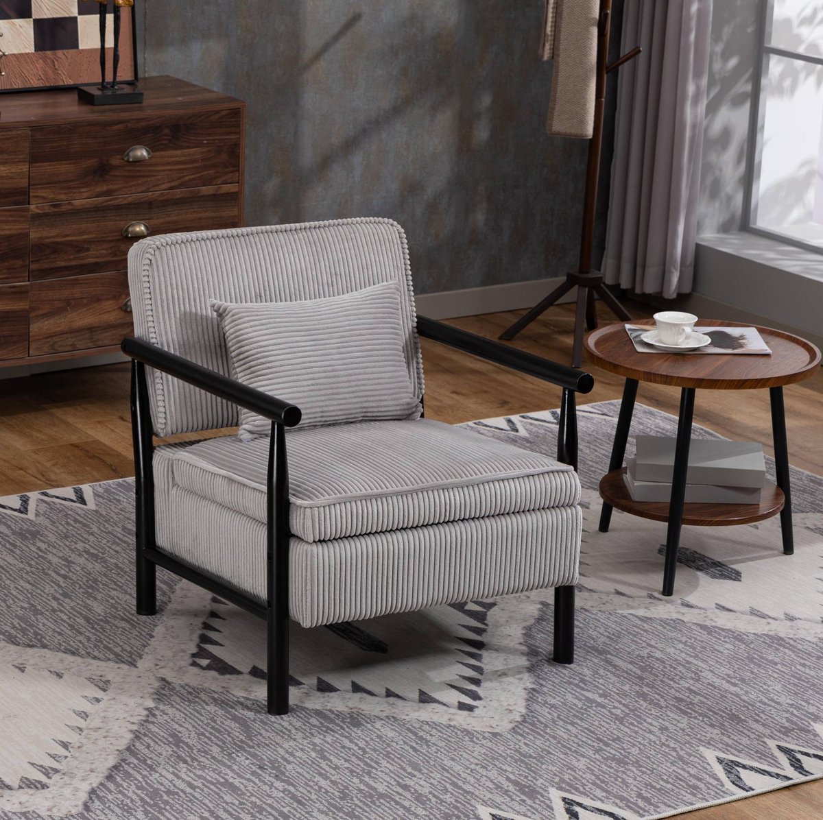 MEUNIQ Fauteuil met armleuningen, fluwelen bekleding, gevoerde zitting, lendenkussen en opbergruimte voor woonkamer of slaapkamer, lichtgrijs