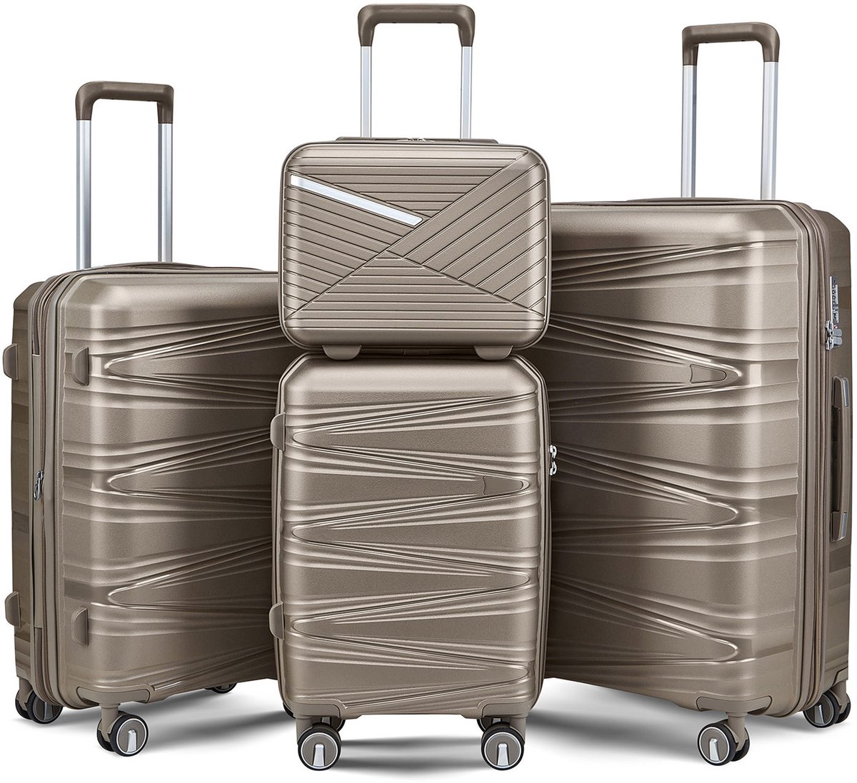 MEUNIQ Kofferset 4-delig hardcase van polypropyleen, 20/24/28 inch met 14 inch cosmeticakoffer, afneembare 360°-wielen en cijferslot, champagne