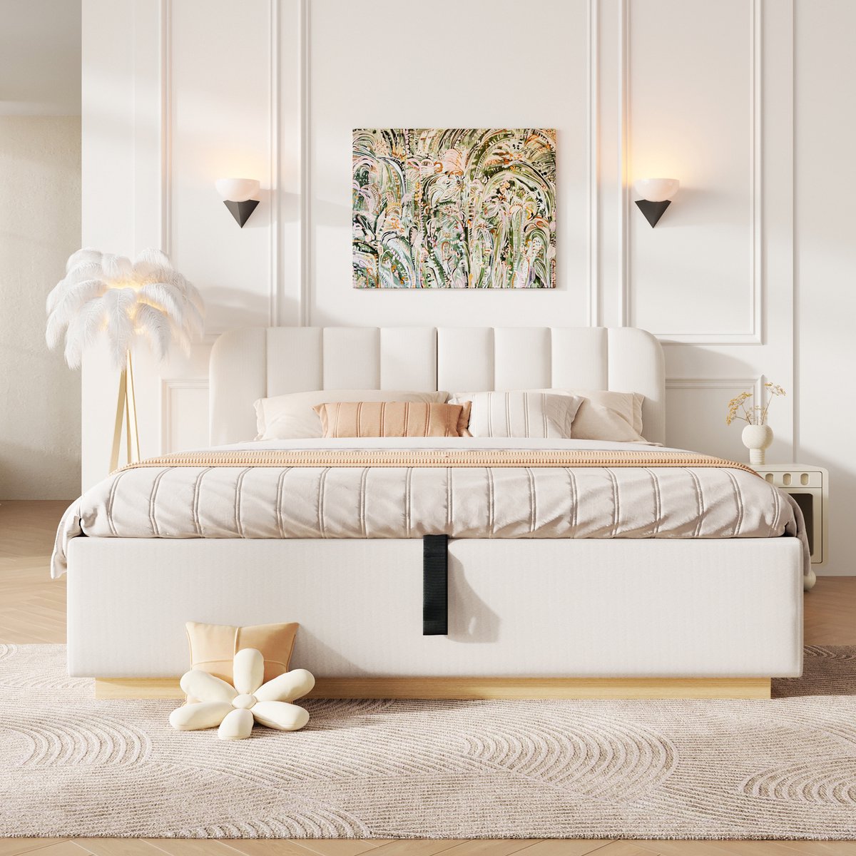 Merax Gestoffeerd bed 140 x 200 cm - met bedframe en hoofdeinde - met opbergruimte - met LED-verlichting - beige - zonder matras