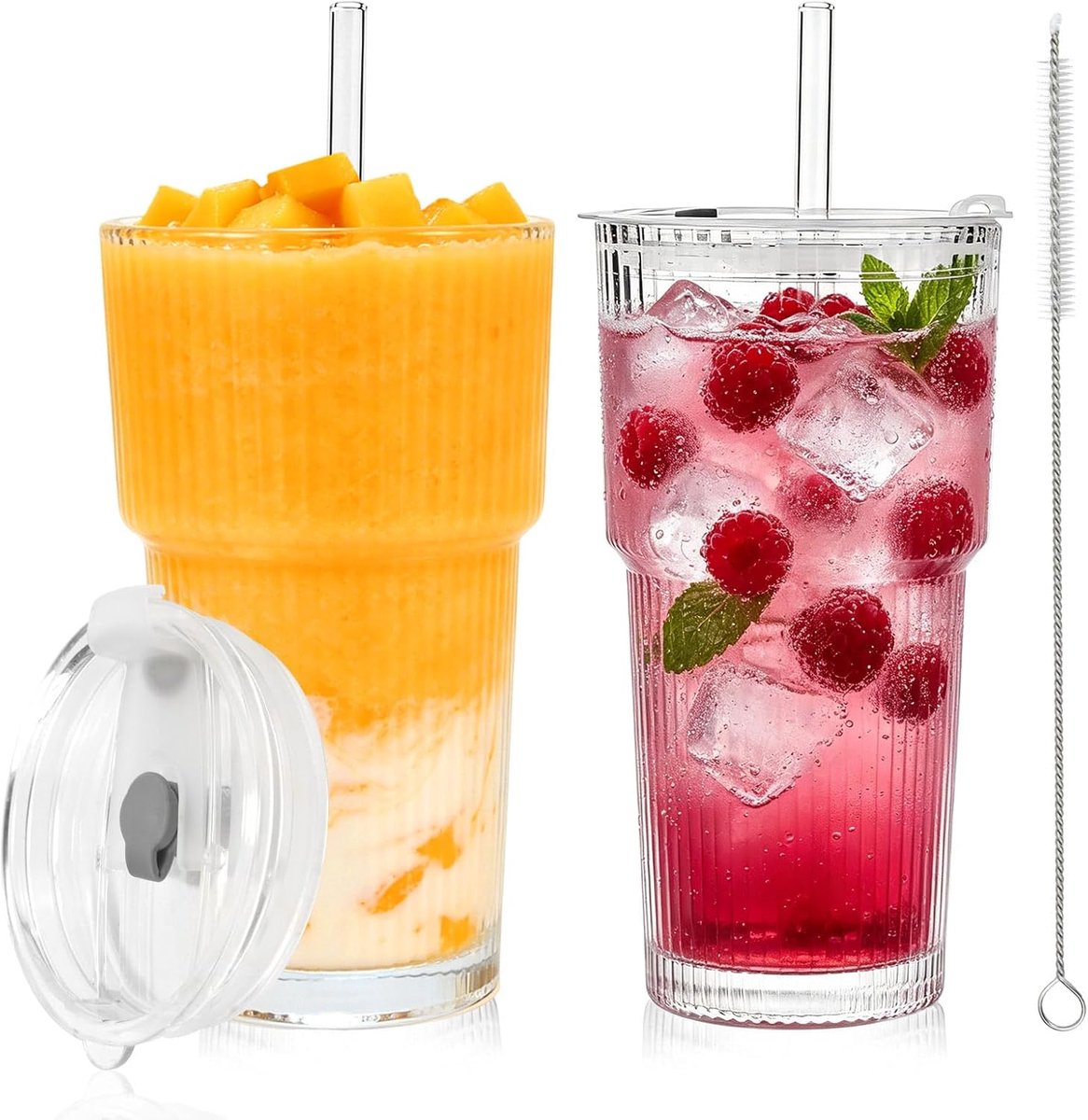 keukenbekers met deksel en rietje, 500 ml, verticaal patroon, luchtdicht en waterdicht design, drinkglazen met deksel, ideaal als koffie, smoothies, cocktails (2 stuks)