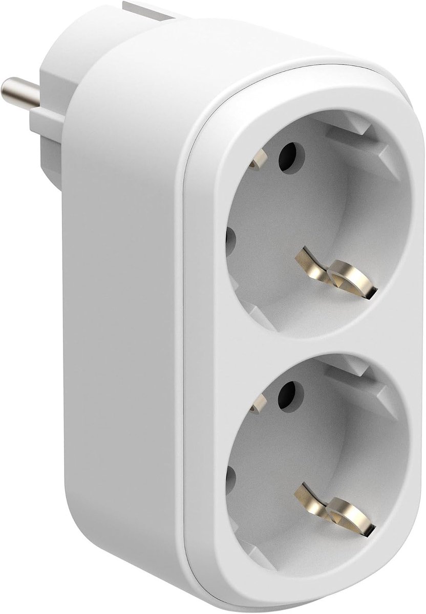 Prima Dubbele Adapter 2 Stopcontacten 16A (2P+A) Schuko Voorzijde, Stekkerdoos met 2 Schuko-stopcontacten, Wit