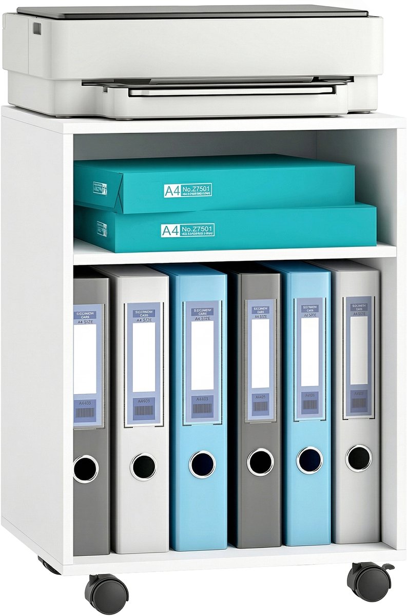 Printerstandaard/tafel met 2 open schappen-vergrendelbare wielen voor kantoor/thuis-fax/scanner-40 x 35 x 56 cm-wit