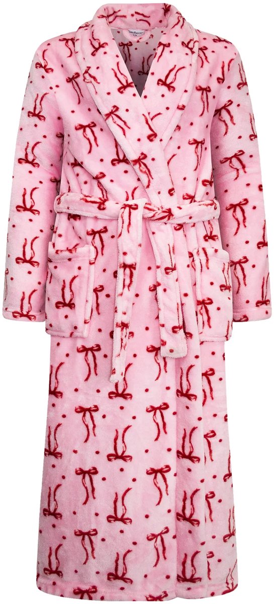 Gaubert® Gaubert Dames Lange Fleece Badjas Met Sjaalkraag – Roze Met Strikjes