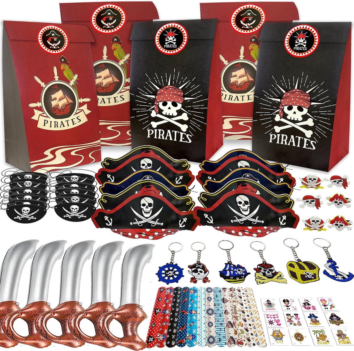 96 stuks piratenfeest-gunsten piratenfeestdecoraties, tasvullingen piratenaccessoires piraten feestaccessoires sleutelhangers hoed pony rings piratenjacht party games voor kinderen