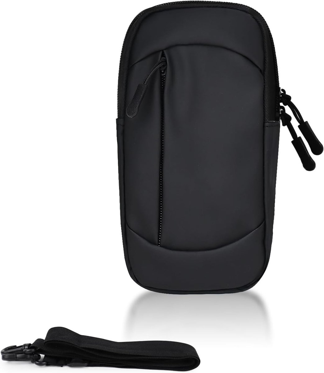 Mobiele telefoonhouder voor arm met afneembare strap, 2 ritszakken, PU leer, ideaal voor joggen en hardlopen met stille rits