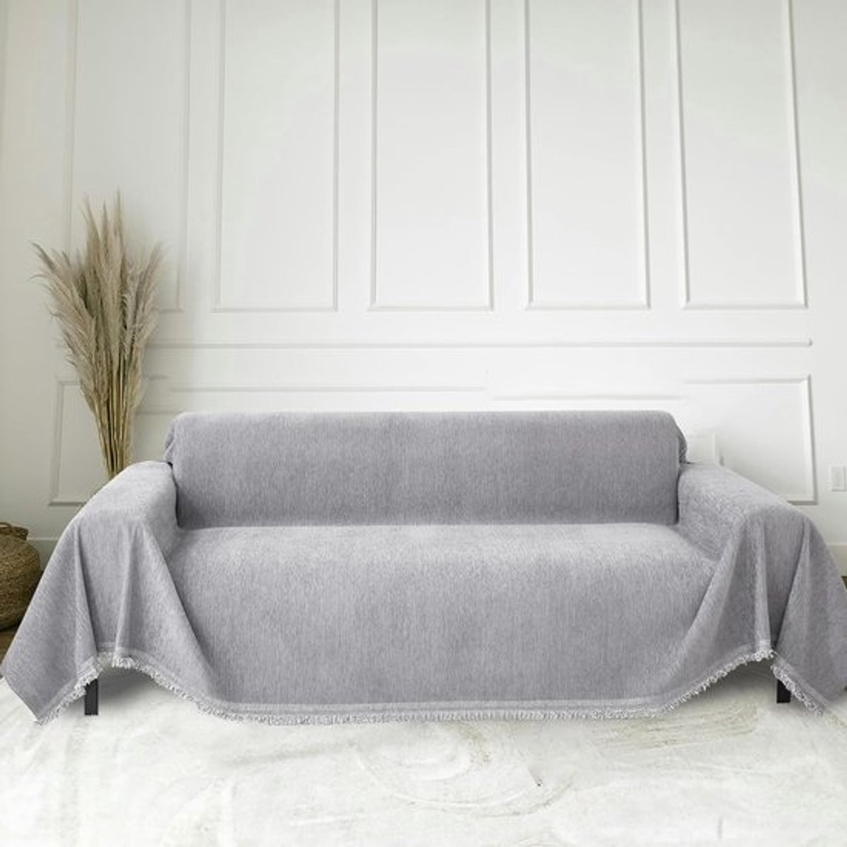 Multifunctionele Antislip Bankhoes met Franjes en Chenille - Lichtgrijs, 230 x 380 cm