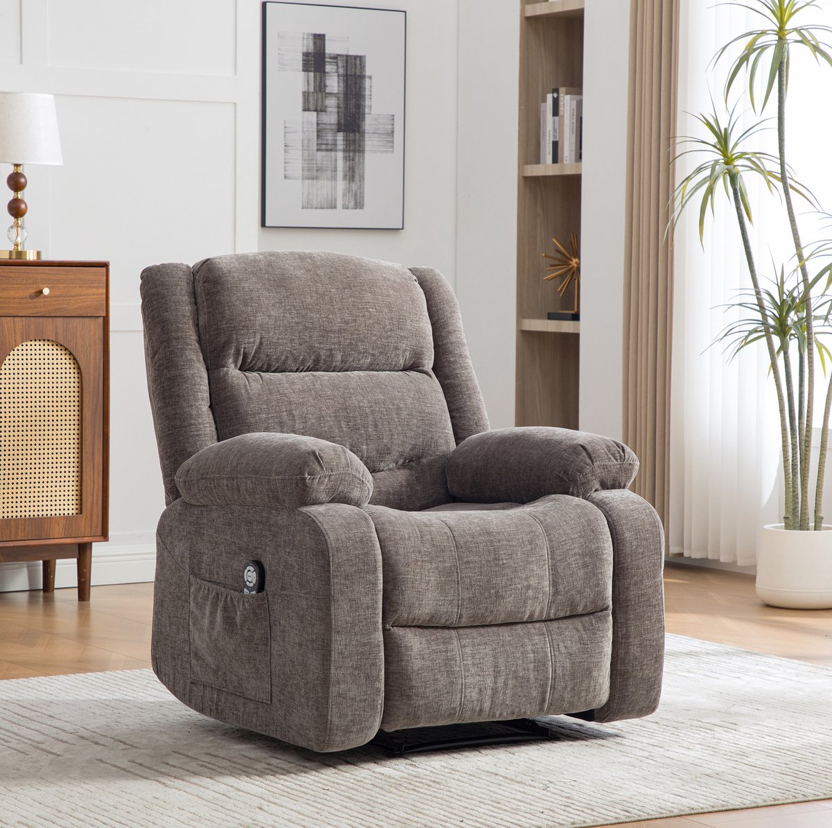 MEUNIQ Elektrische relaxfauteuil en massagestoel met warmtefunctie, handmatig verstelbare rugleuning en voetensteun, afstandsbediening, zijvakken, grijs