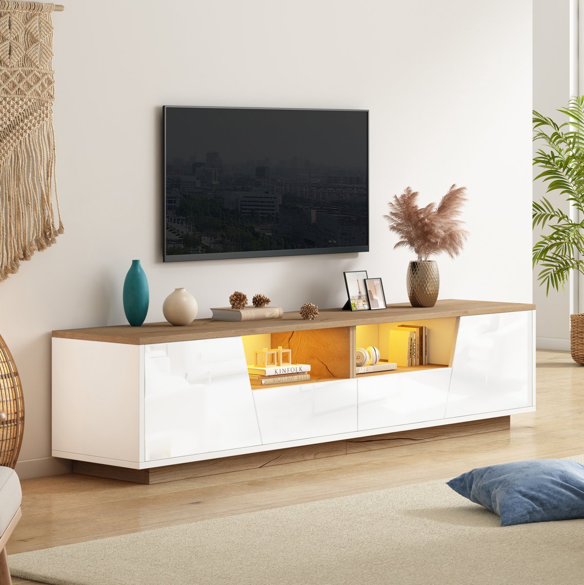 MEUNIQ TV-meubel 180 x 40 x 46 cm met 2 lades, 2 kasten, 2 halfopen vakken en app-bedienbare ledverlichting voor tv’s tot ca. 75 inch, wit en houtkleur