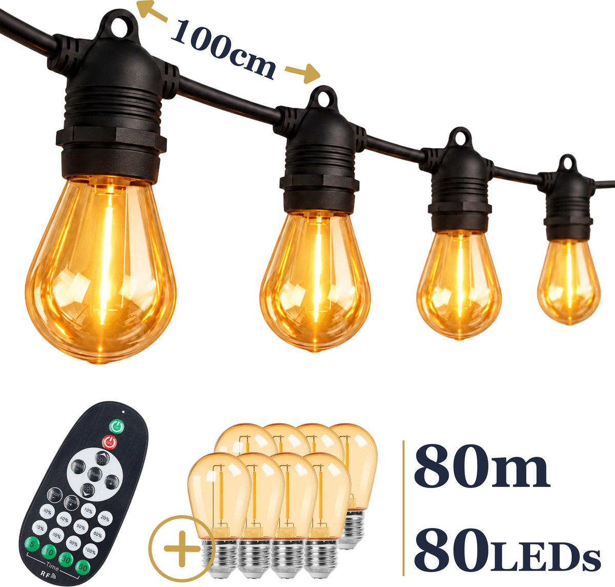Odaily S14 Amber Lichtsnoer 80m - 80 LEDs - IP65 Waterdicht - Extra Warm Wit Licht - Dimbaar - Premium Kwaliteit